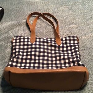 Navy blue and white and tan
